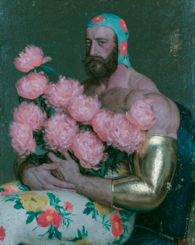 Profile portrait of a pale blond figure with pearl earring, tulip hairpiece and floral brocade, painterly old-master light — The OysterVerse by Franka Louisa
